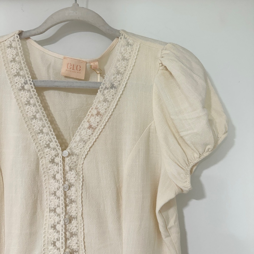 Good Luck Gem Linen Blouse Womens Medium Cream Lace Puff Sleeve Peplum Top Boho